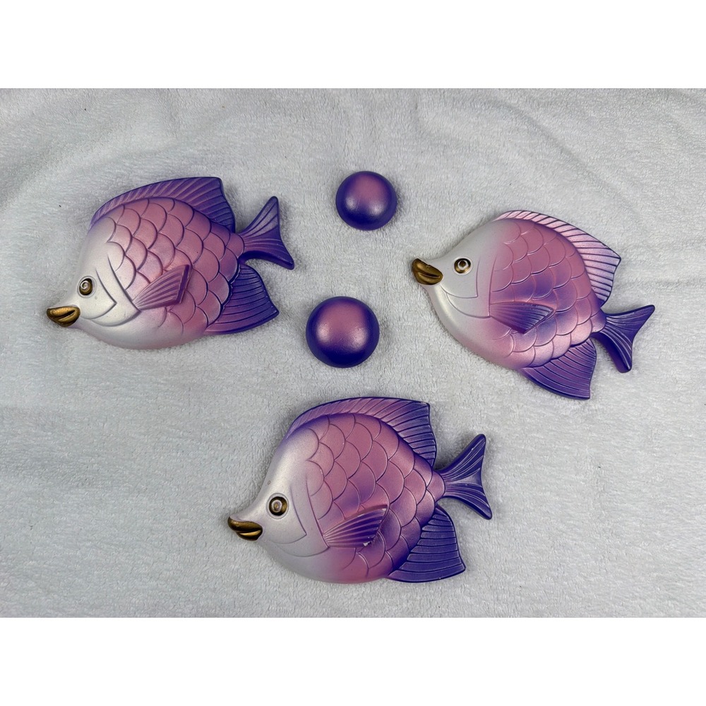 Vintage 1977 Miller Studio Chalkware Fish Wall Art Purple Pink Iridescent 5pc